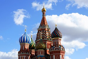 The colorful domes of a Russian Orthodox church